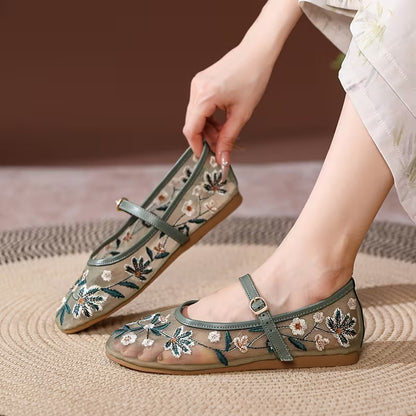Embroidered Mary Jane Flats Green