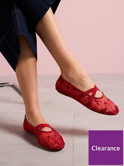 Red Embroidered Mesh Ballet Flats
