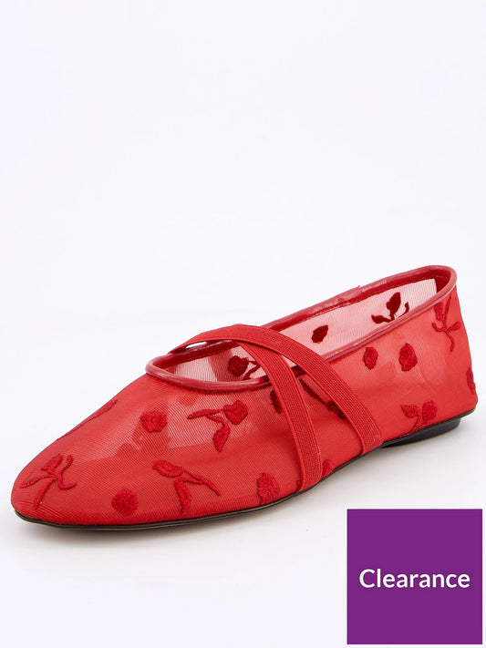 Red Embroidered Mesh Ballet Flats