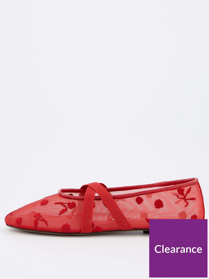 Red Embroidered Mesh Ballet Flats