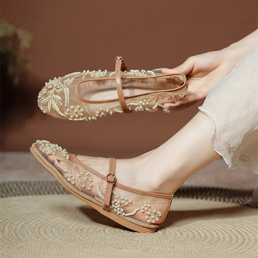 Pearl Embroidered Mesh Ballet Flats