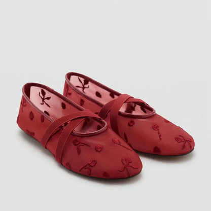 Red Embroidered Mesh Ballet Flats