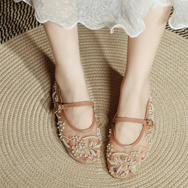 Pearl Embroidered Mesh Ballet Flats