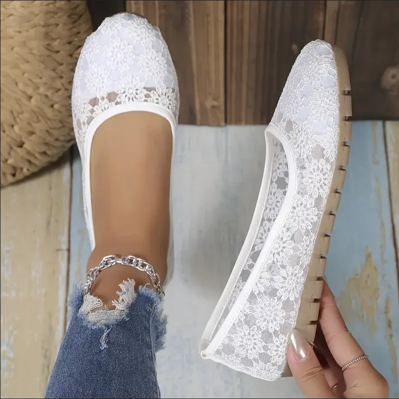 White Lace Floral Mesh Flats