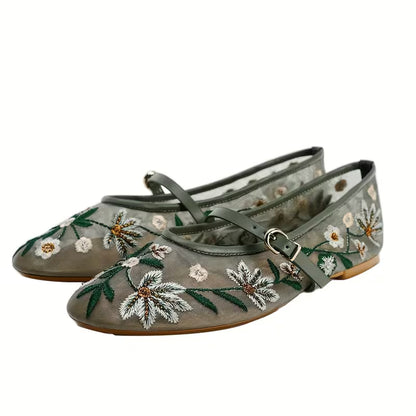 Embroidered Mary Jane Flats Green